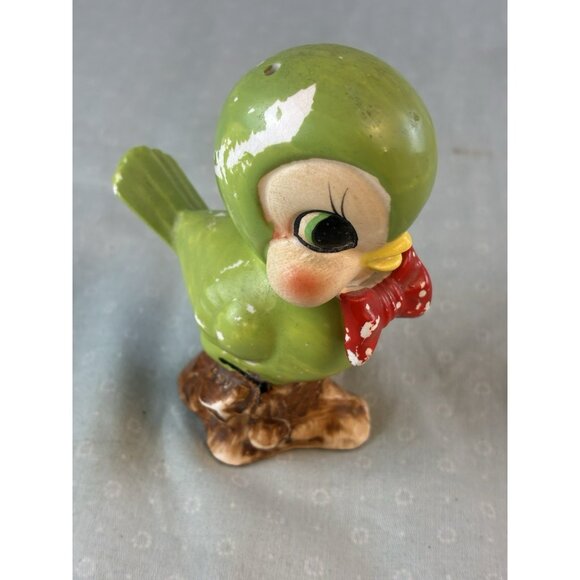VTG Arnart Japan Budgie Bird Shaker Figurine Green w Red Bow Porcelain Collector - Picture 1 of 8